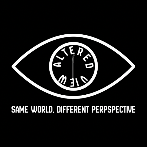 The Altered View logo displayed in white on a black background. A simple eye outline surrounds a circular emblem containing the words “Altered View” wrapped around a vertical white cane. Beneath the logo is the tagline “Same World, Different Perspective”